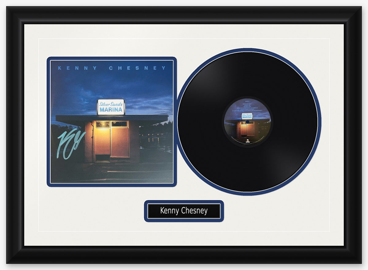 Kenny Chesney signed Silver Sands Marina art card framed with the black LP, white mat with navy reveals and a Kenny Chesney nameplate, preview of the finished display