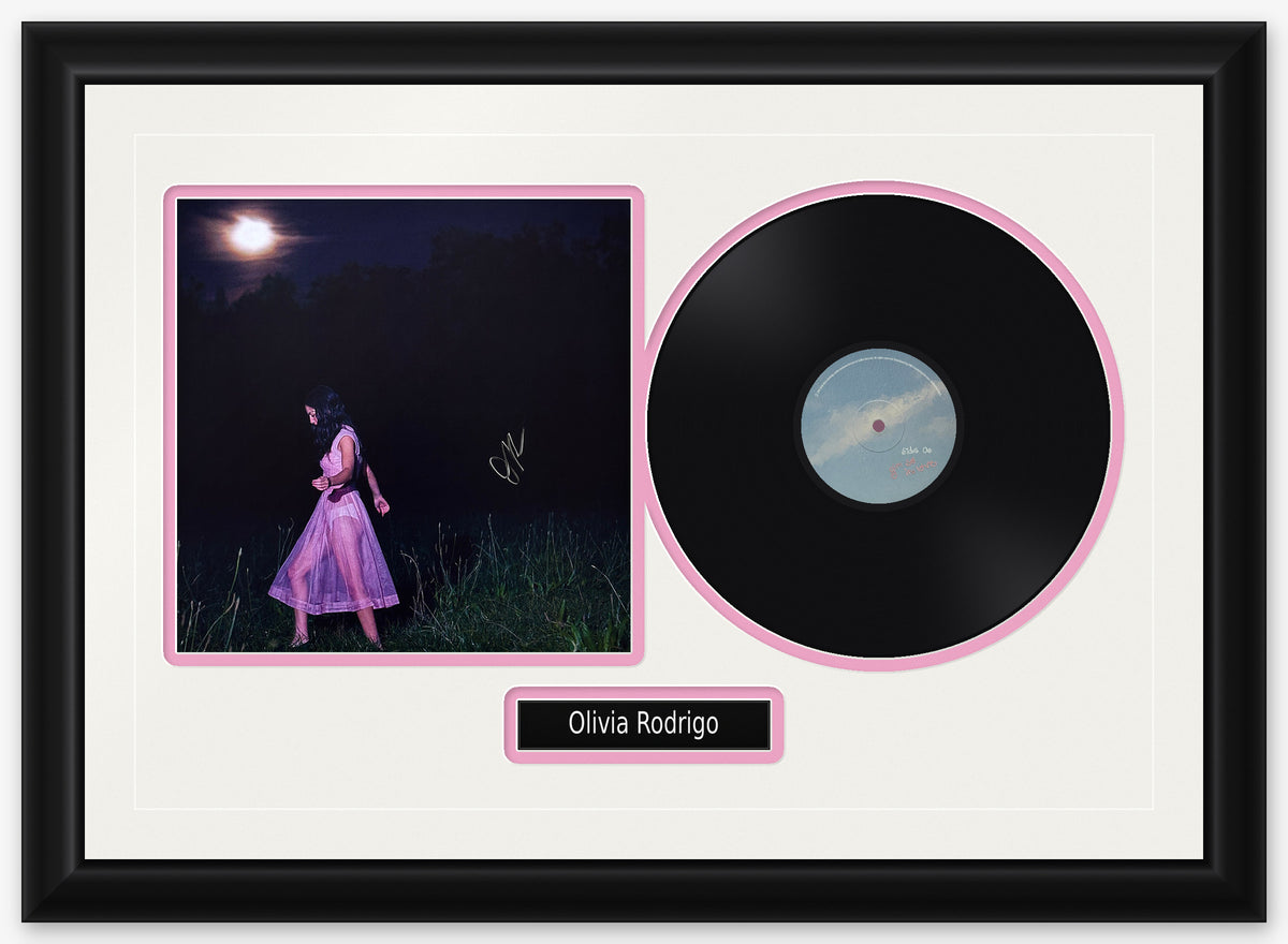 Olivia Rodrigo signed art card framed with the black LP of you seem pretty sad for a girl so in love, white mat with pink reveals, preview of the finished display