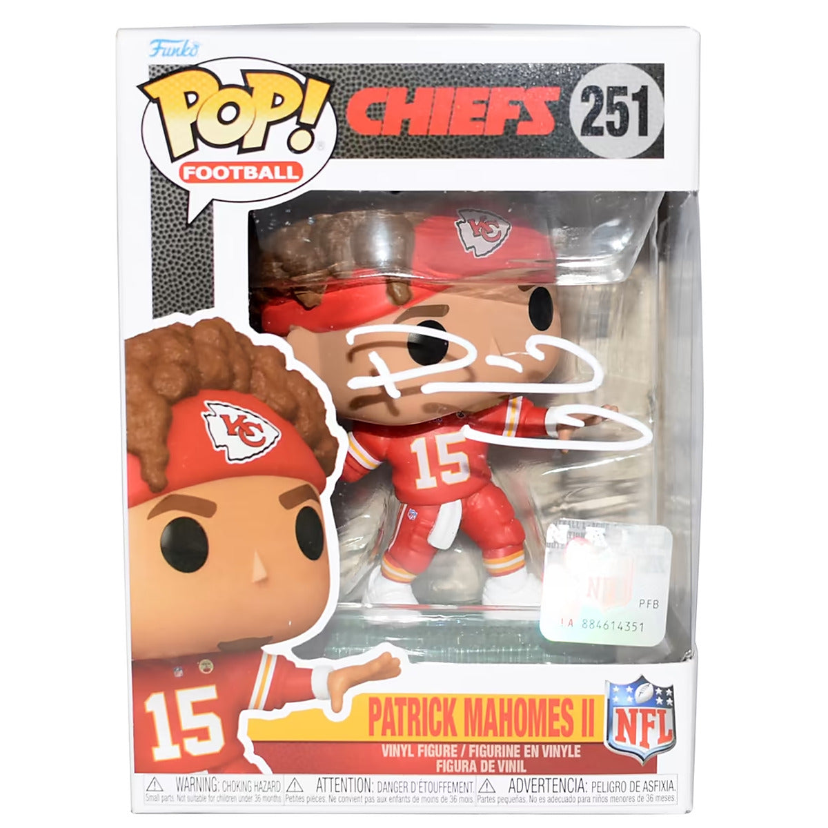 Patrick Mahomes signed Funko Pop! Football #251 Kansas City Chiefs vinyl figure in the box, hand signed on the clear window, Beckett Witnessed