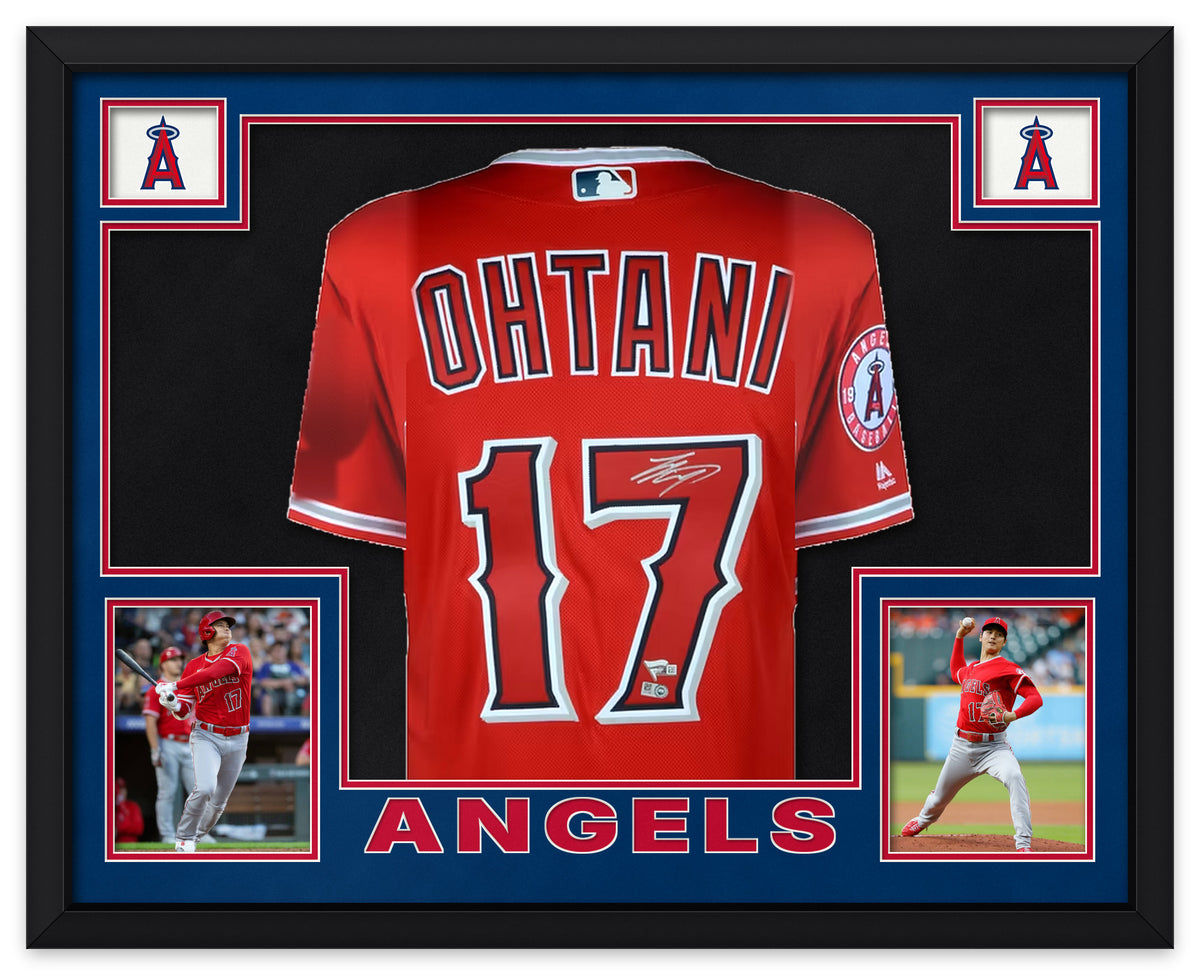 Shohei Ohtani signed red Angels number 17 jersey in a black frame with navy and red matting, Angels logos, two photos of Ohtani and ANGELS lettering