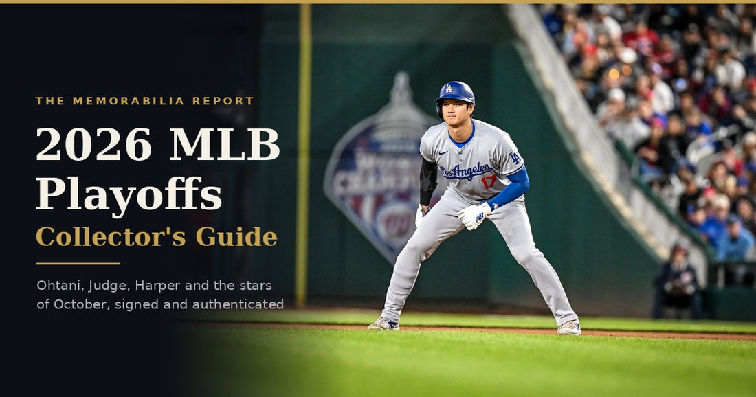 Shohei Ohtani of the Los Angeles Dodgers taking his lead off base beside the title 2026 MLB Playoffs Collector's Guide