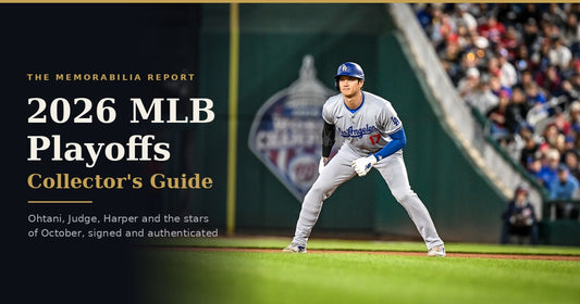 Shohei Ohtani of the Los Angeles Dodgers taking his lead off base beside the title 2026 MLB Playoffs Collector's Guide