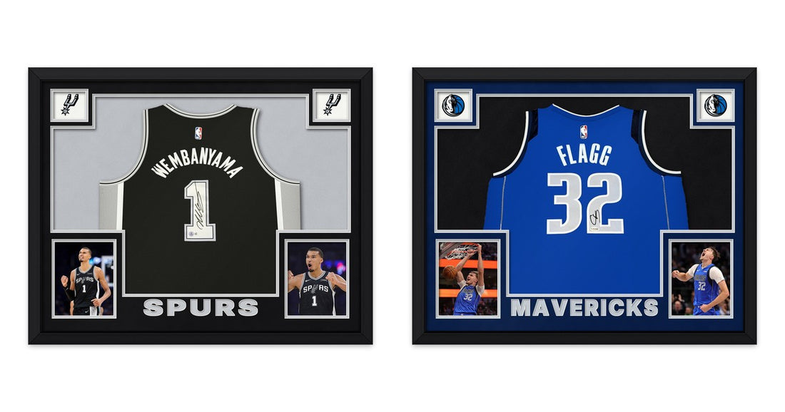 Victor Wembanyama signed Spurs custom framed jersey display beside a Cooper Flagg signed Mavericks custom framed jersey display