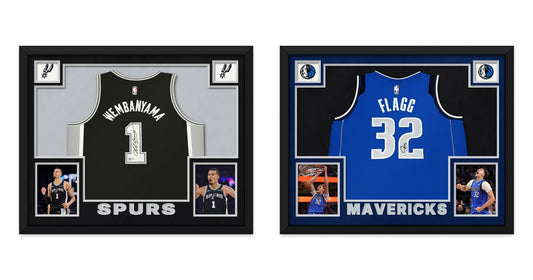 Victor Wembanyama signed Spurs custom framed jersey display beside a Cooper Flagg signed Mavericks custom framed jersey display