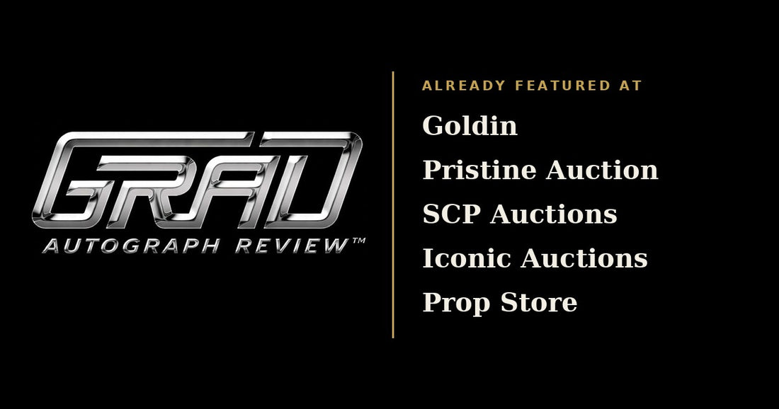 Grad Autograph Review logo beside a list of auction houses already featuring Grad authenticated items: Goldin, Pristine Auction, SCP Auctions, Iconic Auctions and Prop Store