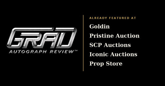 Grad Autograph Review logo beside a list of auction houses already featuring Grad authenticated items: Goldin, Pristine Auction, SCP Auctions, Iconic Auctions and Prop Store