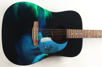 Billie Eilish signed acoustic guitar wrapped in a blue and green portrait of Billie, with her signature on the body, ACOA authenticated