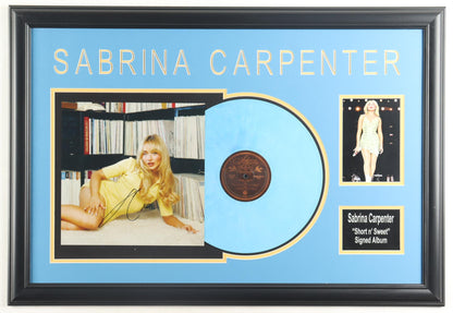 Sabrina Carpenter signed Short n' Sweet framed vinyl display in light blue with a photo, the blue vinyl record and a name plate, JSA certified