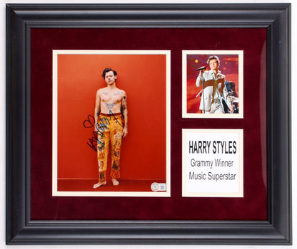 Harry Styles signed framed display with a signed photo of Harry in a yellow suit, a concert photo and a Grammy Winner name plate, Beckett certified