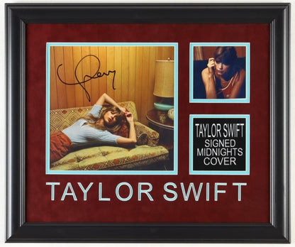 Taylor Swift signed Midnights framed display with the signed album cover, a small photo and a Taylor Swift name plate on red matting, ACOA certified