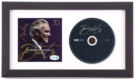 Andrea Bocelli signed Duets 30th Anniversary CD insert, signed in gold, framed beside the black album disc in a black frame with white mat, ACOA authenticated