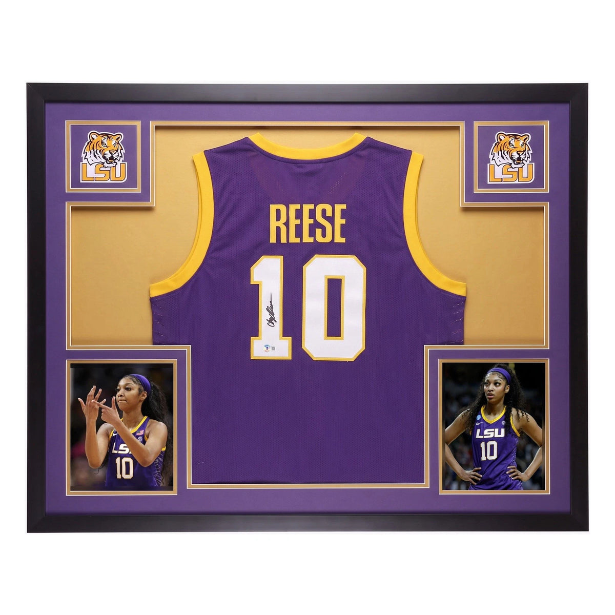 Angel Reese signed purple LSU Tigers number 10 jersey in a black frame with purple matting over a gold backing, the LSU tiger logo in both upper corners and two photographs of Reese