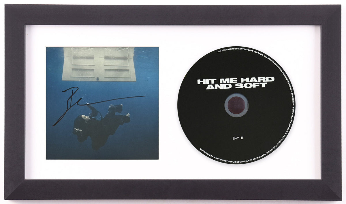 Billie Eilish signed HIT ME HARD AND SOFT framed CD display preview: signed art card of Eilish underwater beneath a floating white door, beside the black album disc, in a white mat and black frame