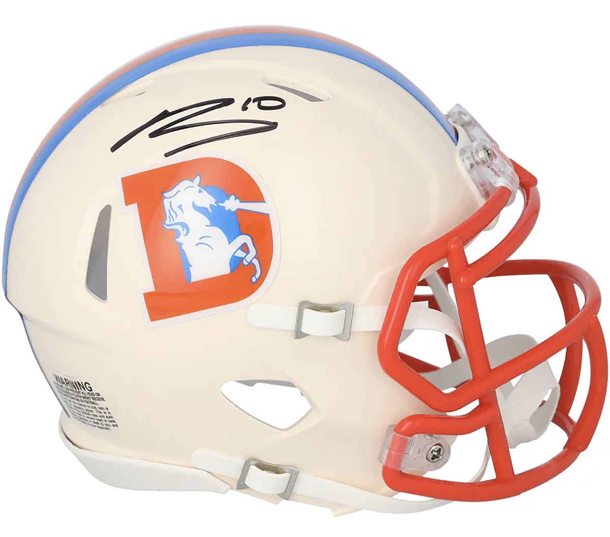 Bo Nix signature in black marker with his number 10 above the classic D logo on the right side of a cream Denver Broncos Riddell Retro Speed mini helmet