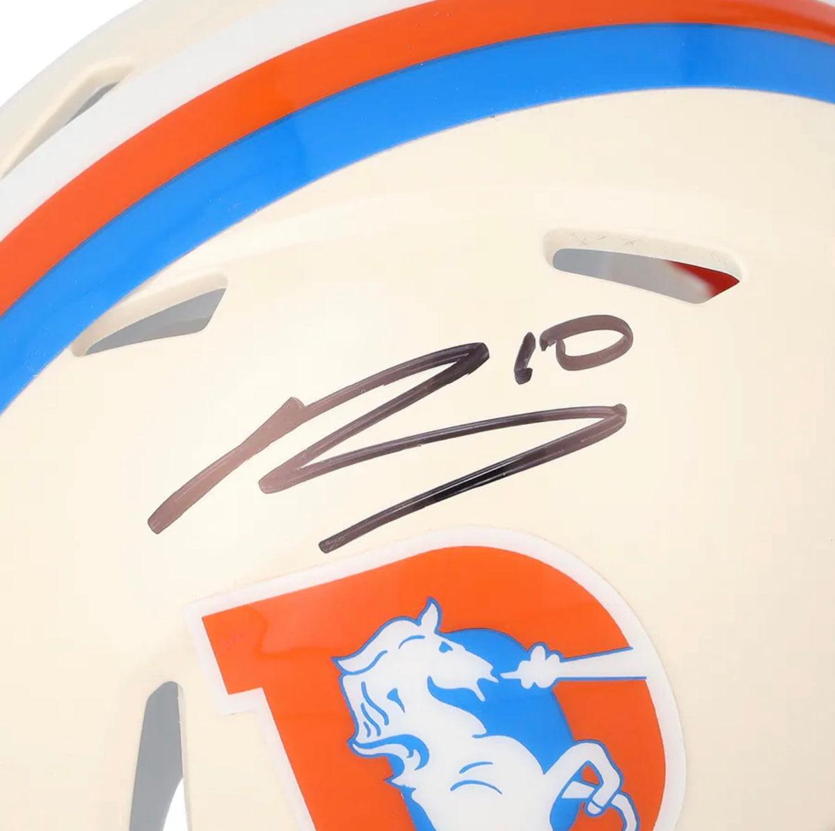 Close-up of the Bo Nix signature and number 10 in black marker above the Broncos D logo on the cream Riddell Retro mini helmet shell