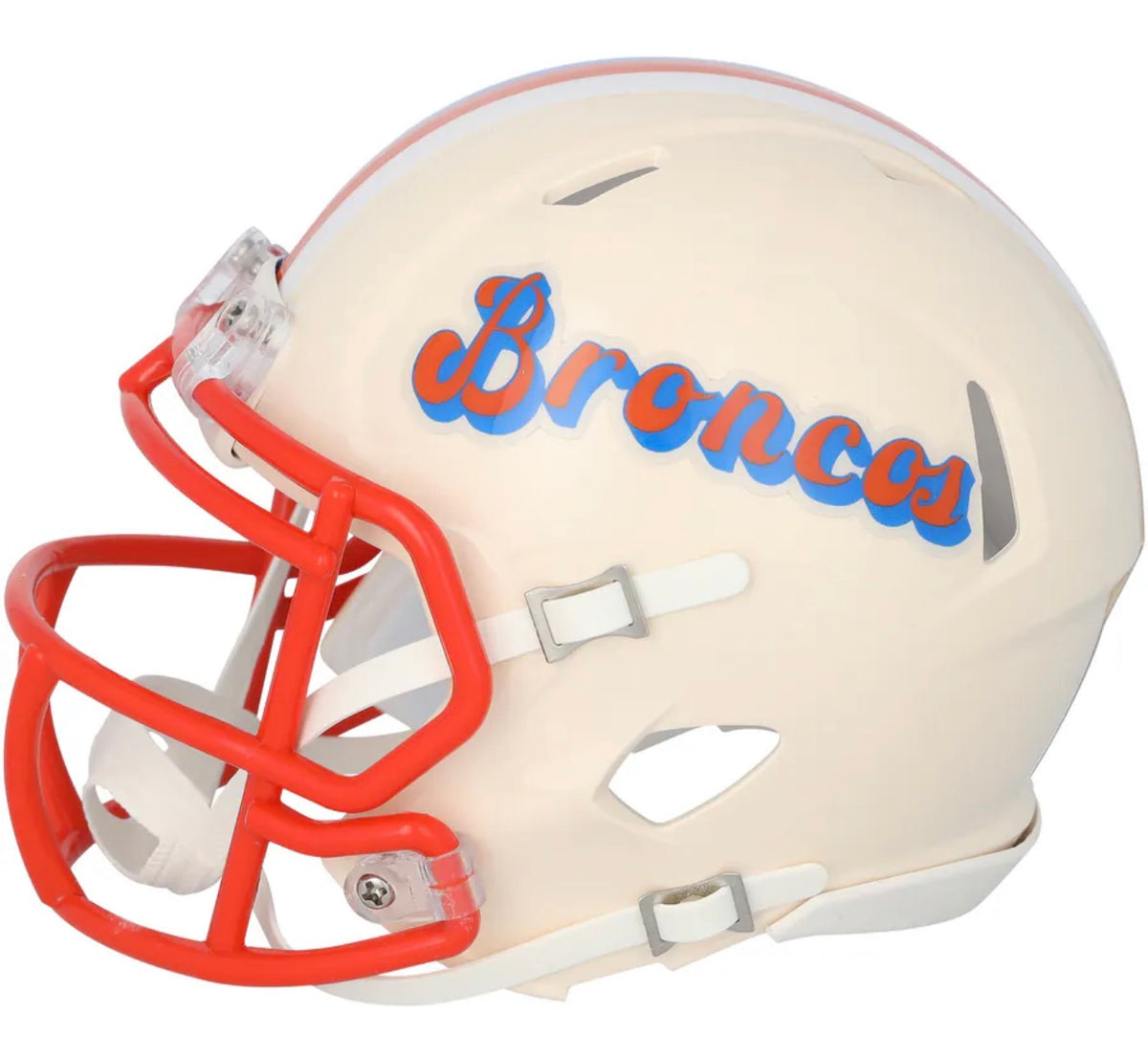 Left side of the Bo Nix signed Denver Broncos Riddell Retro Speed mini helmet showing the Broncos retro script in orange and blue and the orange face mask