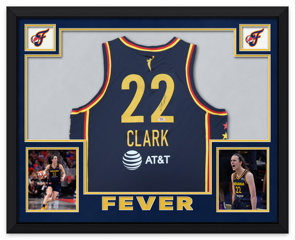 Caitlin Clark signed navy Indiana Fever number 22 jersey in a black frame with navy and gold matting, the Fever logo in both upper corners and two photographs of Clark