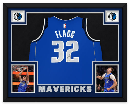 Cooper Flagg signed royal blue Dallas Mavericks number 32 jersey, signed in black ink with the JSA sticker, shown in a black custom frame with navy and silver matting, Mavericks logos in the upper corners, two photographs and MAVERICKS lettering