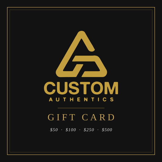 Custom Authentics gift card, gold logo on black, $50, $100, $250 and $500