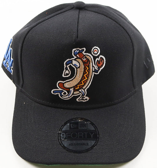 Front of the black Dodger Dog Los Angeles Dodgers New Era 9FORTY hat with the embroidered Dodger Dog mascot