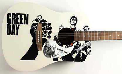 Green Day signed acoustic guitar with American Idiot heart-grenade artwork in black and white, signed by Billie Joe Armstrong and Tre Cool, JSA authenticated