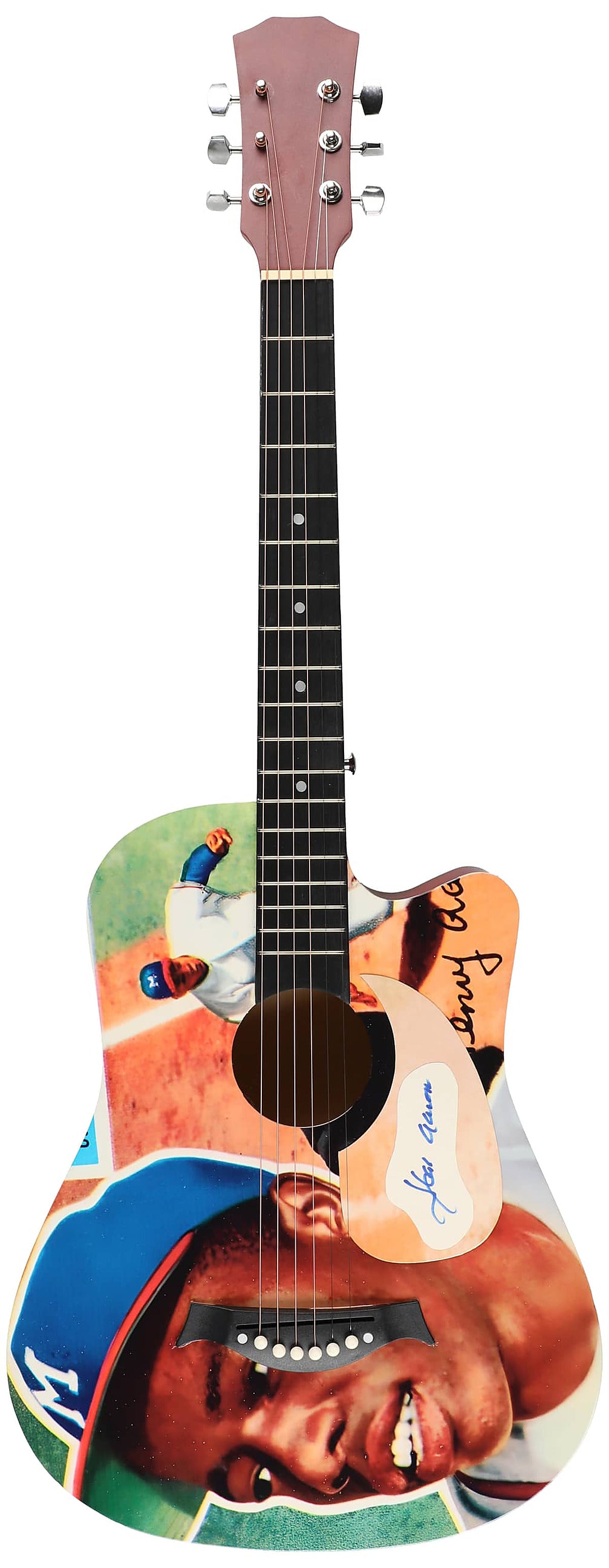 Hank Aaron signed full size cutaway acoustic guitar with vintage baseball card style artwork of Aaron in a Milwaukee Braves cap, with a signed cut set into the pickguard