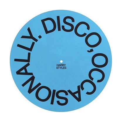 Light blue Harry Styles felt slipmat printed DISCO, OCCASIONALLY. around the edge with a HARRY STYLES mark at the center