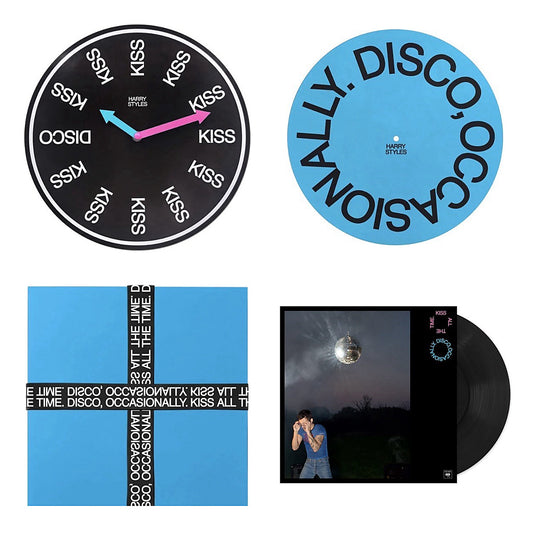 Harry Styles Kiss All The Time. Disco, Occasionally. box set contents: KISS wall clock, light blue DISCO, OCCASIONALLY. slipmat, blue custom box with black title band, and the album on black vinyl