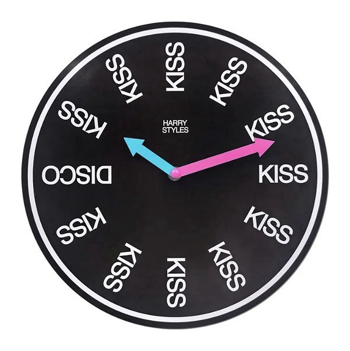 Harry Styles KISS wall clock from the Kiss All The Time box set, black face with KISS at every hour except DISCO at 9, pink and light blue hands
