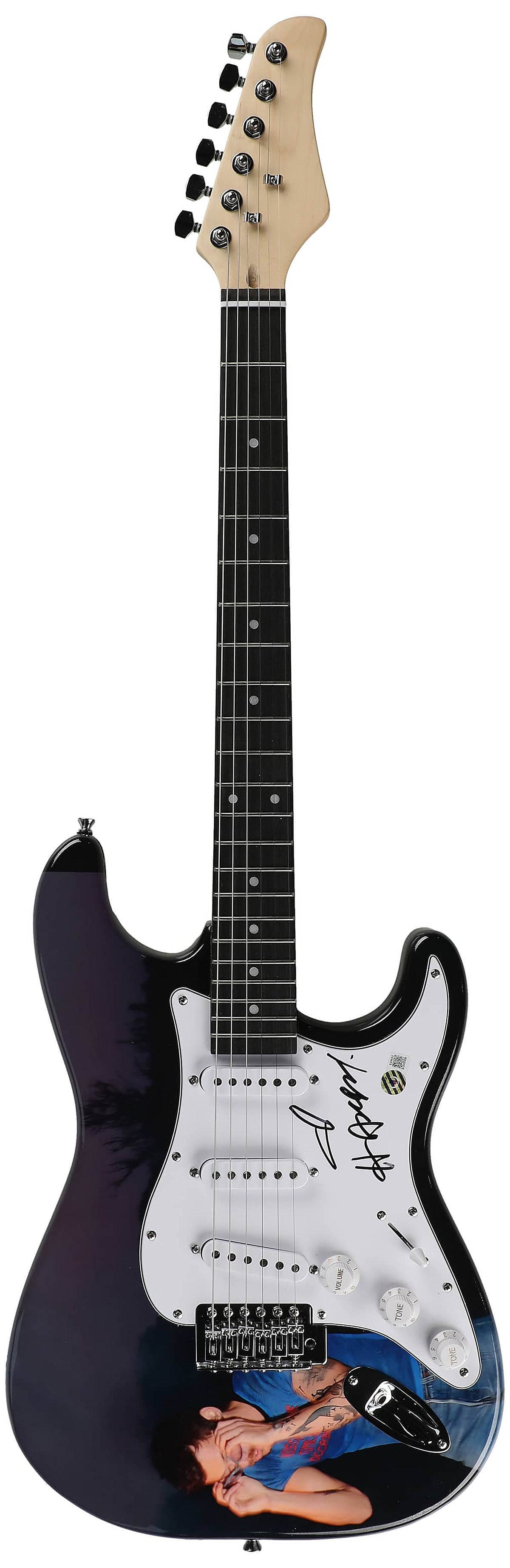 Harry Styles signed full size electric guitar with Kiss All The Time artwork, white pickguard, Beckett authenticated