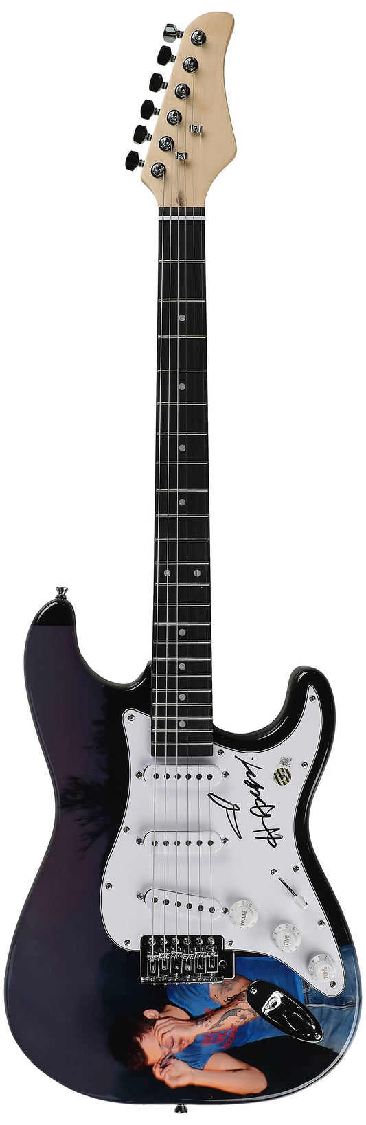 Harry Styles signed full size electric guitar with Kiss All The Time artwork, white pickguard, Beckett authenticated