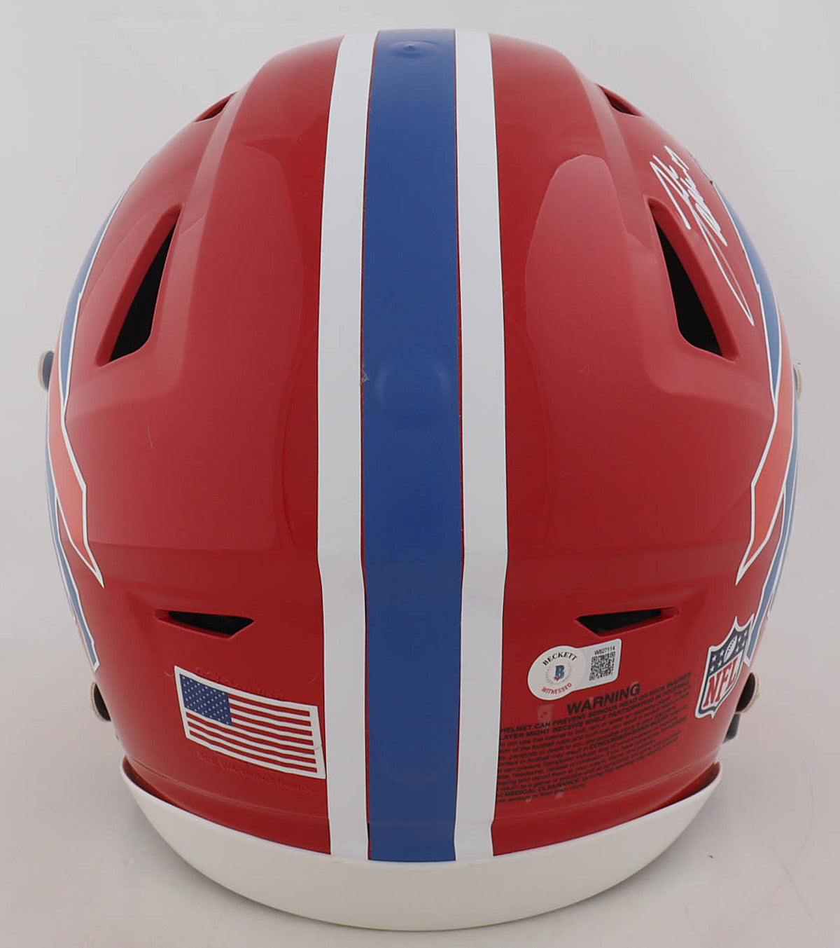 Beckett Witnessed tamper evident hologram on the rear shell of the Josh Allen signed Buffalo Bills red throwback helmet