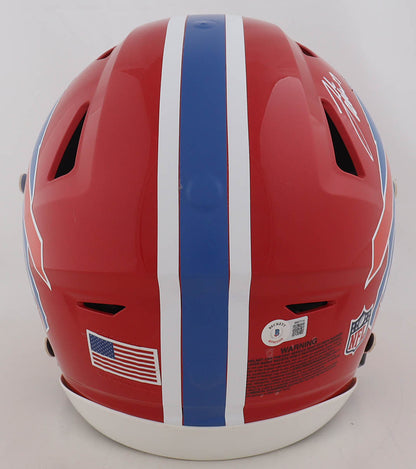 Beckett Witnessed tamper evident hologram on the rear shell of the Josh Allen signed Buffalo Bills red throwback helmet