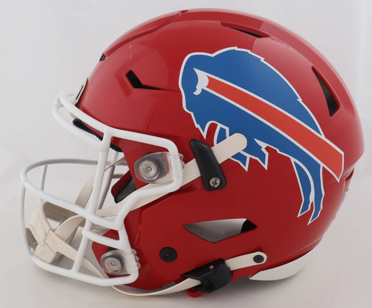 Right side of the Josh Allen signed Buffalo Bills red throwback Riddell SpeedFlex full size helmet with white facemask