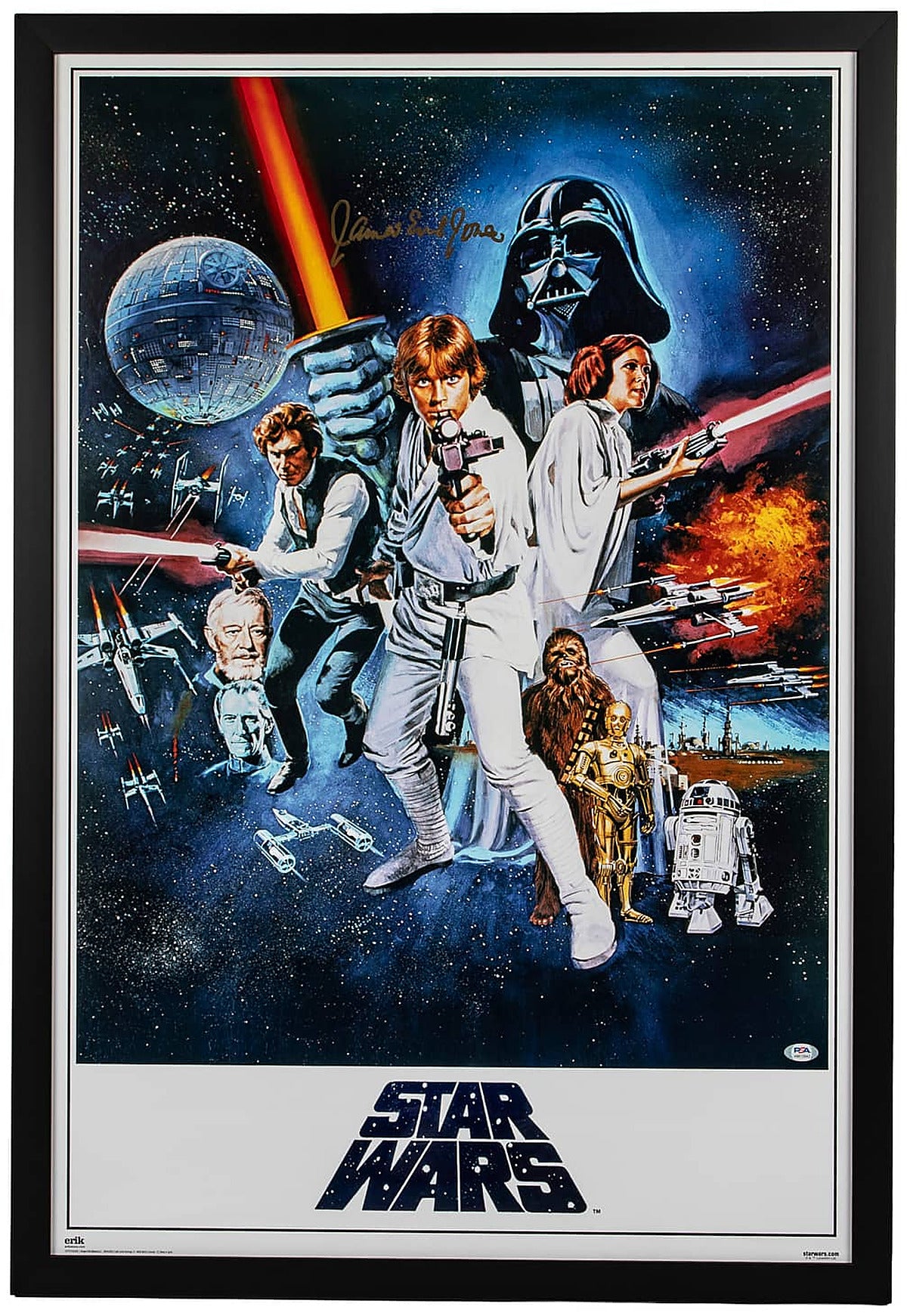 James Earl Jones signed full size Star Wars poster with the 1977 Style C artwork of Darth Vader, Luke, Leia and Han Solo, a PSA authentication sticker on the poster, in a black frame
