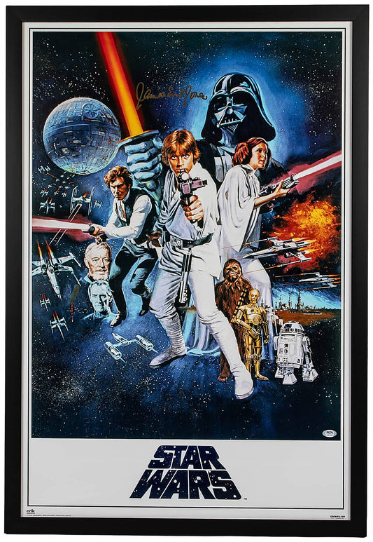 James Earl Jones signed full size Star Wars poster with the 1977 Style C artwork of Darth Vader, Luke, Leia and Han Solo, a PSA authentication sticker on the poster, in a black frame