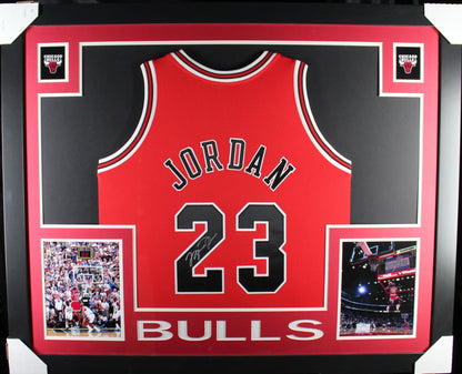 Example of our jersey framing layout, shown on one of our Michael Jordan signed Bulls jersey displays