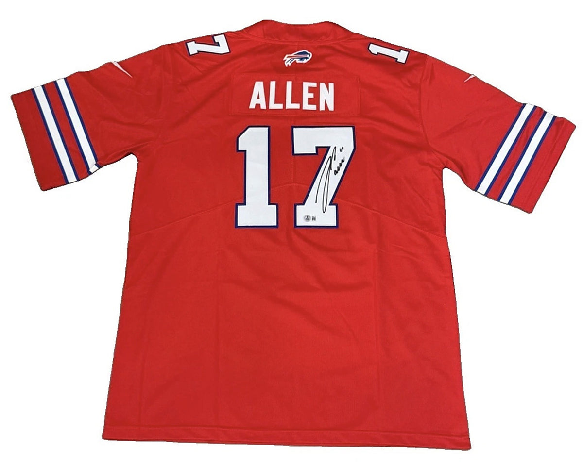 Back of the Josh Allen signed red Buffalo Bills alternate jersey, signed in black marker on the white 7 of the number 17 with the Beckett Witnessed hologram at the base of the numeral, ALLEN nameplate above