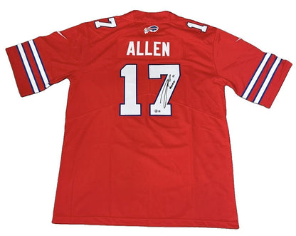 Back of the Josh Allen signed red Buffalo Bills alternate jersey, signed in black marker on the white 7 of the number 17 with the Beckett Witnessed hologram at the base of the numeral, ALLEN nameplate above