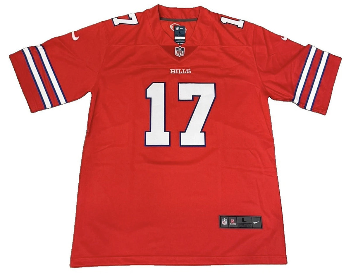 Front of the Josh Allen signed red Buffalo Bills alternate Nike jersey, number 17 with BILLS across the chest, NFL shield at the collar and the Nike jock tag at the hem