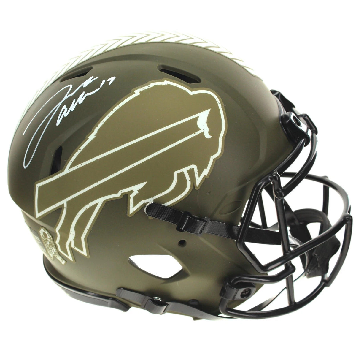 Josh Allen signature with his number 17 in white paint pen on the right side of an olive green Buffalo Bills Salute to Service full size helmet with a black facemask, Beckett Witnessed