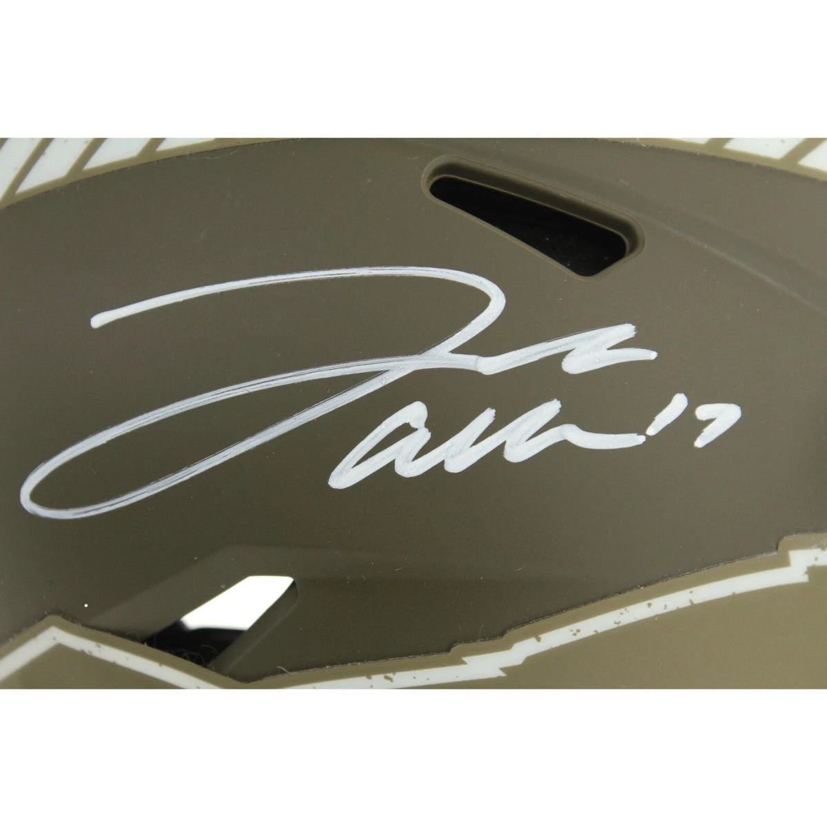 Close-up of the Josh Allen signature and number 17 in white paint pen on the olive green shell of the Buffalo Bills Salute to Service helmet