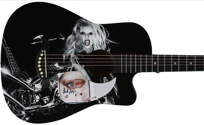 Lady Gaga signed acoustic guitar with black and white Born This Way motorcycle artwork, signed white pickguard insert, JSA certified