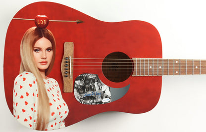 Lana Del Rey signed red acoustic guitar with a custom portrait of Lana, signature on the pickguard, ACOA certified