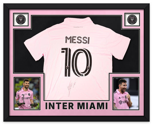 Lionel Messi signed pink Inter Miami number 10 shirt, signed in black ink with the Beckett hologram, shown in a black custom frame with pink and black matting, Inter Miami crests in the upper corners, two photographs and INTER MIAMI lettering