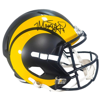 Matthew Stafford signature and number 9 in black marker across the yellow horn on the right side of a matte midnight Los Angeles Rams Rivalries Riddell Speed full size replica helmet