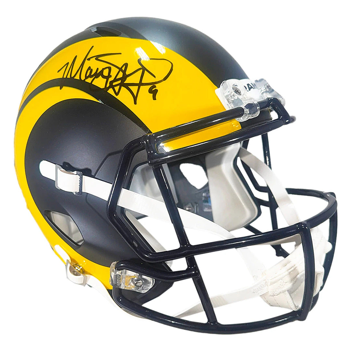 Front three quarter view of the Matthew Stafford signed Rams Rivalries Midnight Mode full size replica helmet showing the dark navy face mask and the signed yellow horn