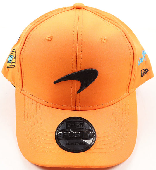 Front of the papaya orange McLaren F1 Las Vegas Grand Prix New Era 9FORTY hat with the black McLaren logo