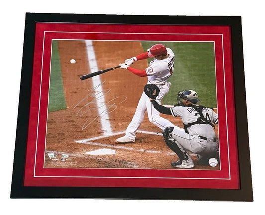 Shohei Ohtani signed 16x20 photo mid-swing in the Angels home white uniform, custom framed with red matting, MLB and Fanatics authenticated