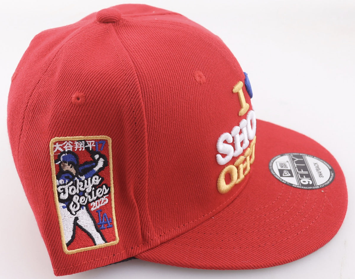 Side of the red I Love Shohei Ohtani New Era 9FIFTY snapback showing the Dodgers Tokyo Series 2025 patch with his name in kanji and number 17